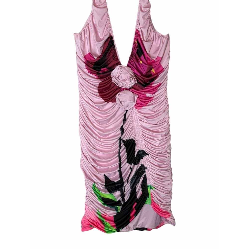 AFRM Pink Floral Ruched Halter Mini Dress with Rosettes XL